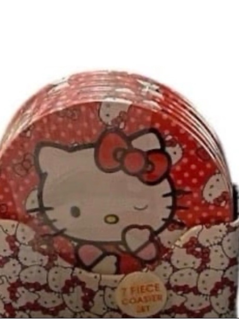 Hello Kitty Coaster Set with Holder - 7 Piece Red Polka Dot Series - NEW
